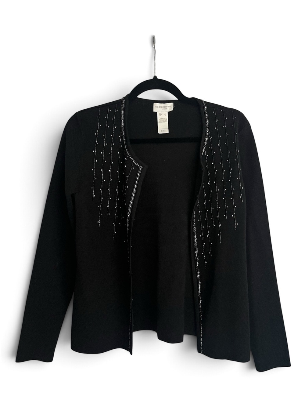 Vintage Liz Claiborne Beaded Open Front Knit Cardigan Jacket Metallic Silver